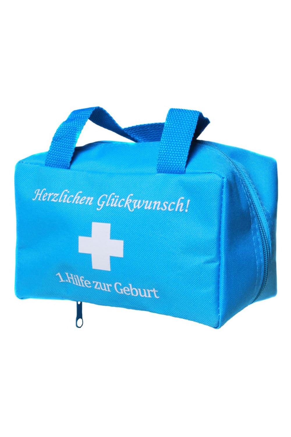 Eine witzige Geschenkverpackung zur Geburt! Die Notfall Tasche (blau) ist bedruckt mit dem Spruch: Herzlichen Glueckwunsch! 1. Hilfe zur Geburt. Die 1. Hilfe Tasche kann beliebig gefuellt werden!