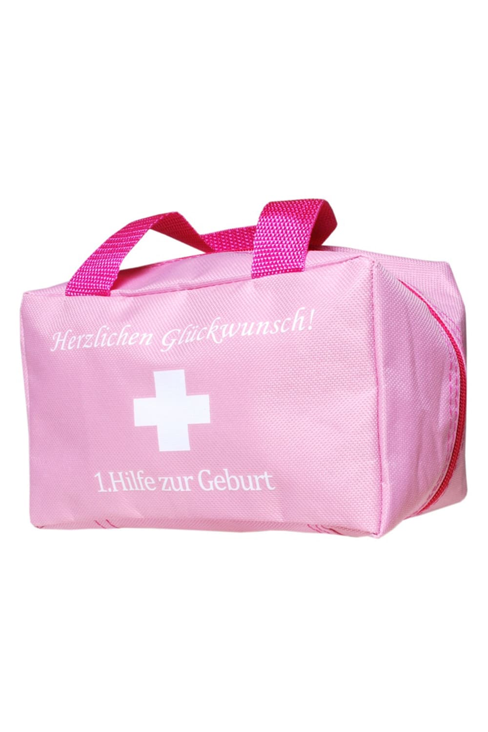 Eine witzige Geschenkverpackung zur Geburt! Die Notfall Tasche (rosa) ist bedruckt mit dem Spruch: Herzlichen Glueckwunsch! 1. Hilfe zur Geburt. Die 1. Hilfe Tasche kann beliebig gefuellt werden!