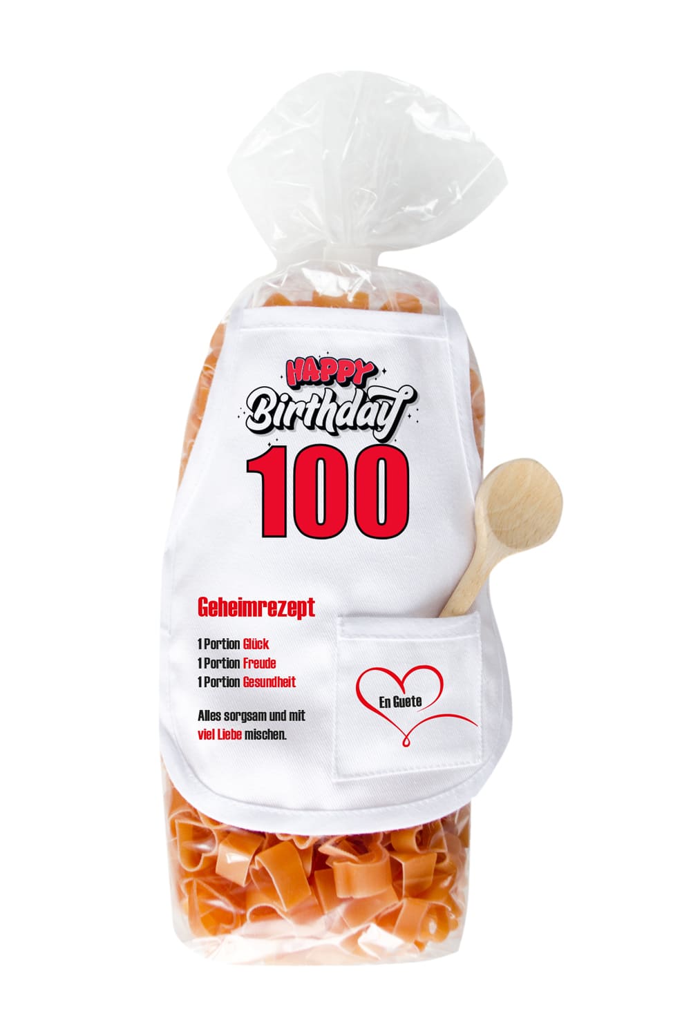 Pasta zum 100. Geburtstag in Herzchenform! Kreative Verpackung mit kleiner Schuerze. Die Mini-Kochschuerze ist bedruckt mit der Aufschrift: Happy Birthday 100 und einem Geheimrezept. Diese Herz Teigwaren sind ein absolut leckeres Geschenk.