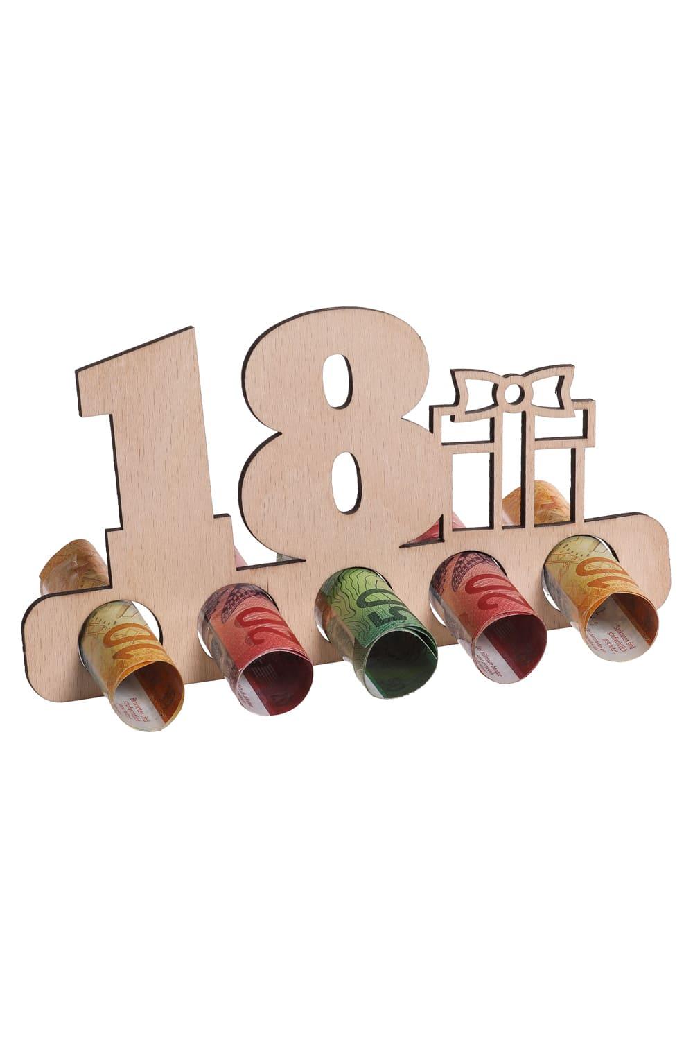 Der Holzaufsteller ist eine perfekte Geschenkidee fuer ein Geldgeschenk oder Gutscheingeschenk. Einfach die Geldnoten rollen und durch die Loecher stecken. Ein originelles Geschenk aus Holz zum 18. Geburtstag. Der Holzaufsteller hat 5 Loecher, in die man Geld oder gerollte Gutscheine stecken kann. Auch ideal fuer ein Jubilaeum!