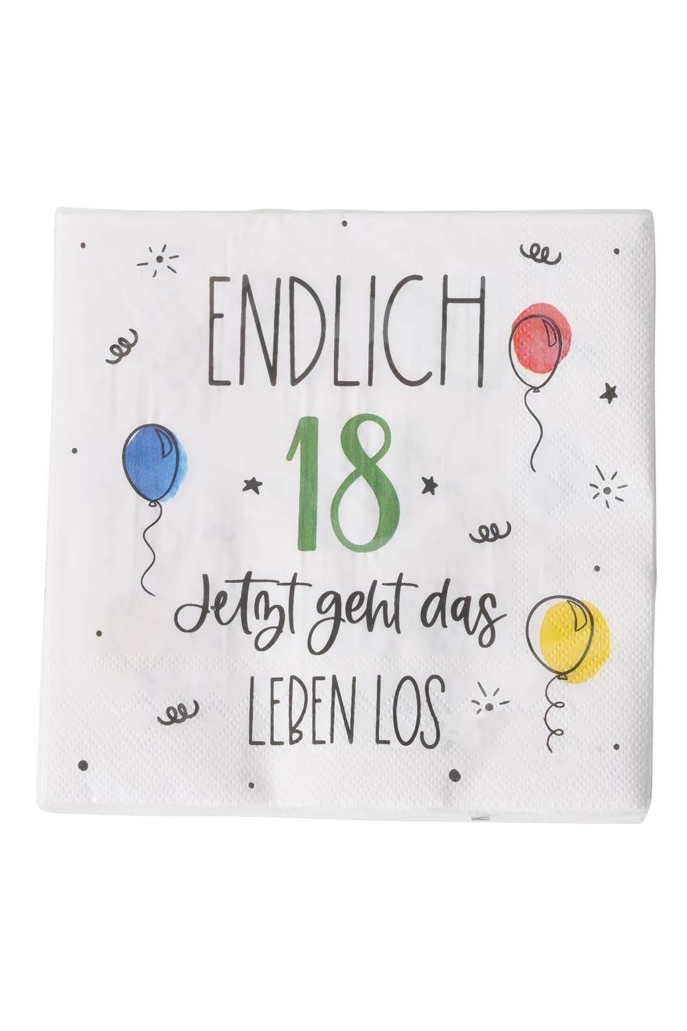 Diese Spruch Servietten sind perfekt als Geschenk oder Dekoration zum 18. Geburtstag. Die Servietten sind mit dem Spruch: Endlich 18! Jetzt geht das Leben los. Kreative Motivservietten fuer eine unvergessliche Feier. Eine Servietten Packung beinhaltet 20 Papierservietten.