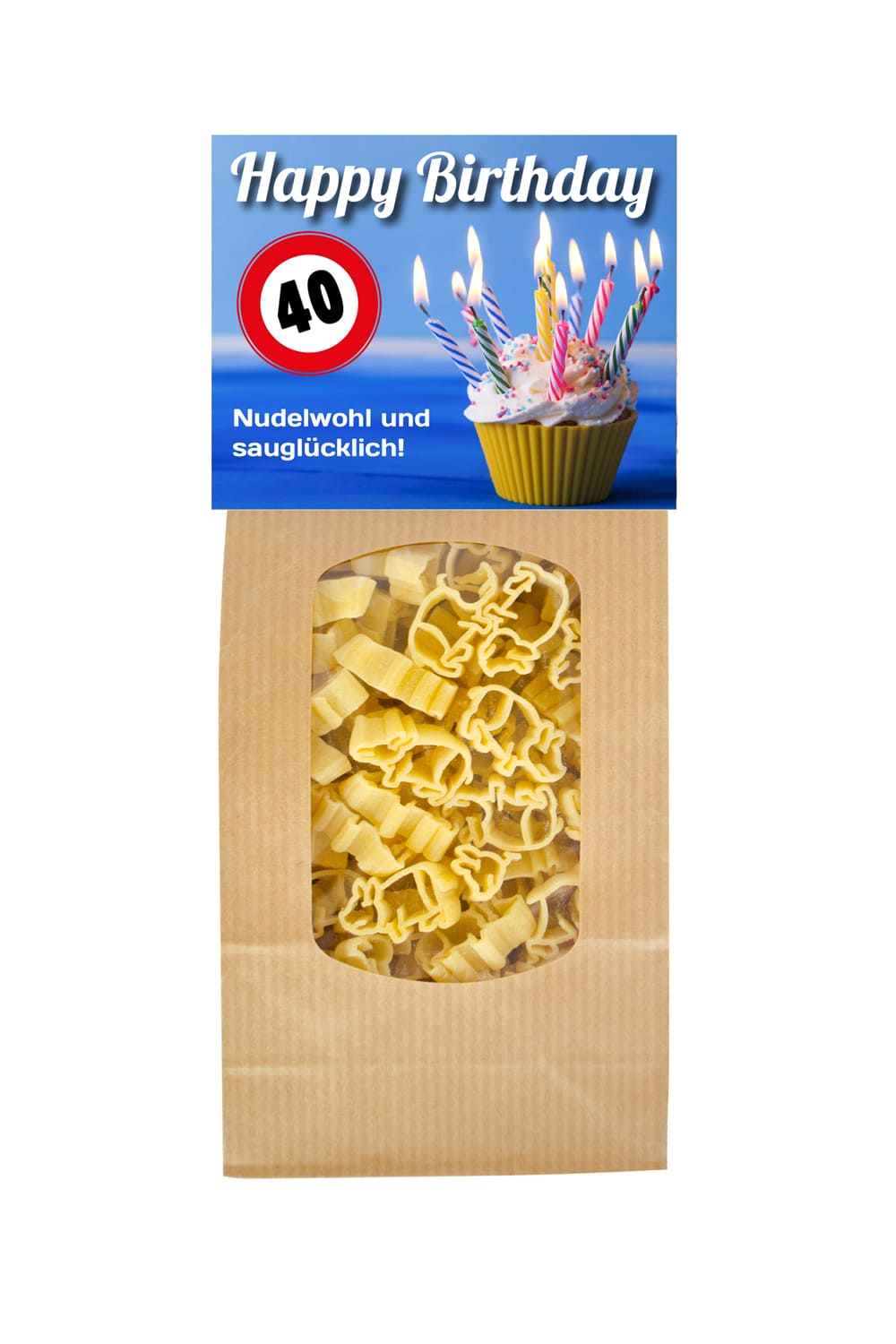 Die Pasta sind in Form von einem Gluecksschweinchen. Auf der Vorderseite steht der Spruch: 40 Happy Birthday. Nudelwohl und saugluecklich. Geschenk zum 40. Geburi.