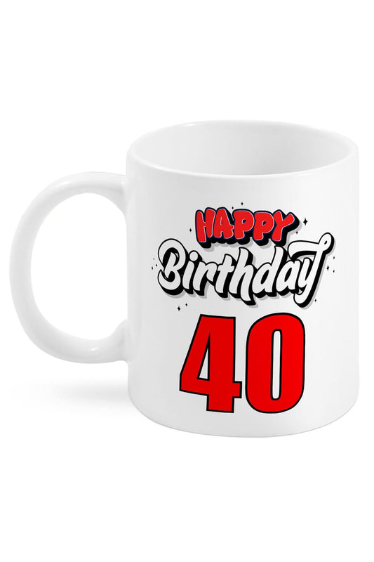 Diese Spruchtasse ist perfekt zum 40. Geburtstag. Die beidseitig bedruckte Tasse mit der Aufschrift: Happy Birthday. 40.