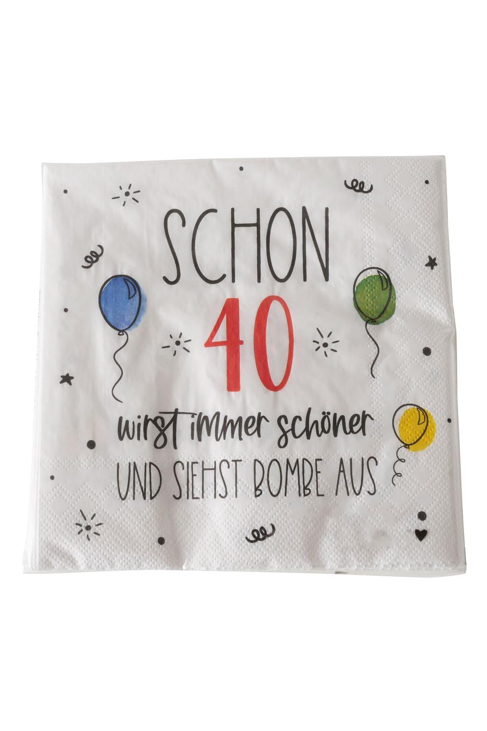 Diese Spruch Servietten sind perfekt als Geschenk oder Dekoration zum 40. Geburtstag. Die Servietten sind mit dem Spruch: Schon 40. Wirst immer schöner und siehst Bombe aus. Kreative Motivservietten fuer eine unvergessliche Feier. Eine Servietten Packung beinhaltet 20 Papierservietten.