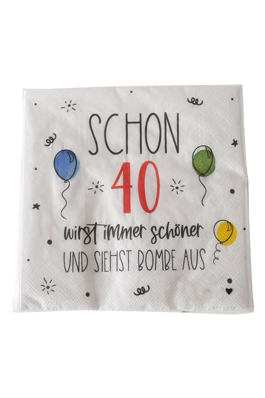 Diese Spruch Servietten sind perfekt als Geschenk oder Dekoration zum 40. Geburtstag. Die Servietten sind mit dem Spruch: Schon 40. Wirst immer schöner und siehst Bombe aus. Kreative Motivservietten fuer eine unvergessliche Feier. Eine Servietten Packung beinhaltet 20 Papierservietten.