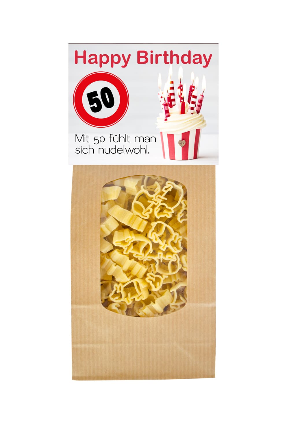 Die Pasta sind in Form von einem Gluecksschweinchen. Auf der Vorderseite steht der Spruch: 50 Happy Birthday. Mit 50 fuehlt man sich nudelwohl. Geschenk zum 50. Geburi.