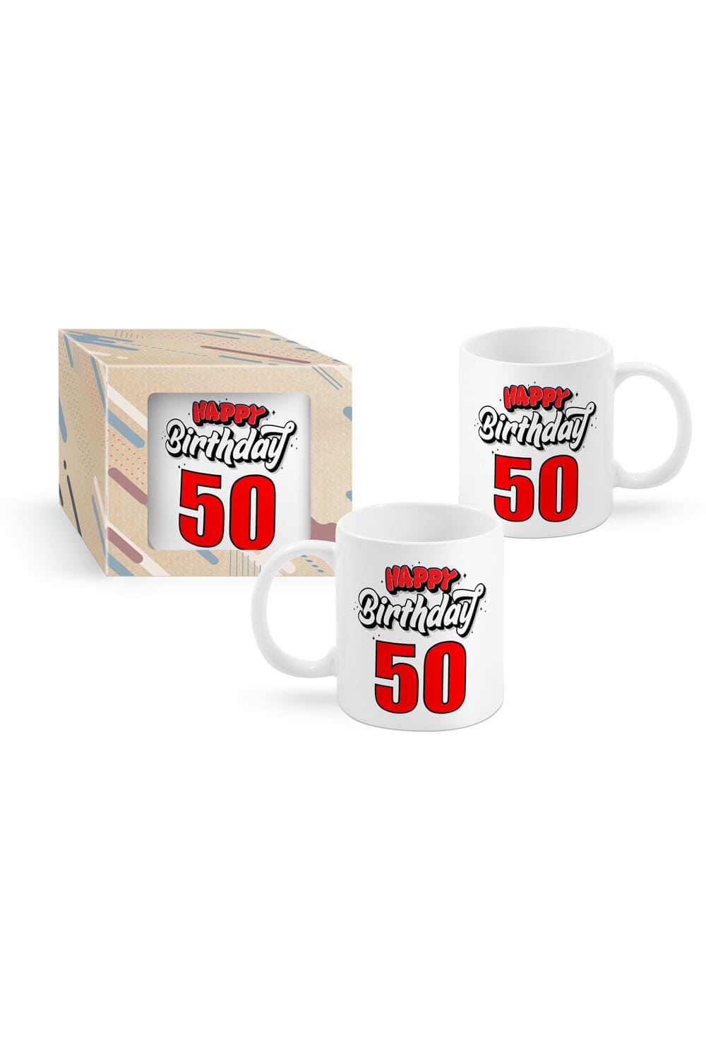 Dieses Geschenk ist einfach perfekt fuer den 50. Geburtstag. Die beidseitig bedruckte Tasse hat die Aufschrift: Happy Birthday. 50. Die Keramiktasse ist verpackt in einer schoenen Kartonbox. Als kreative Geschenkidee koennte man die Spruchtasse zum Beispiel mit Suessigkeiten befuellen.