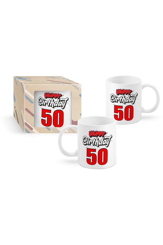 Dieses Geschenk ist einfach perfekt fuer den 50. Geburtstag. Die beidseitig bedruckte Tasse hat die Aufschrift: Happy Birthday. 50. Die Keramiktasse ist verpackt in einer schoenen Kartonbox. Als kreative Geschenkidee koennte man die Spruchtasse zum Beispiel mit Suessigkeiten befuellen.