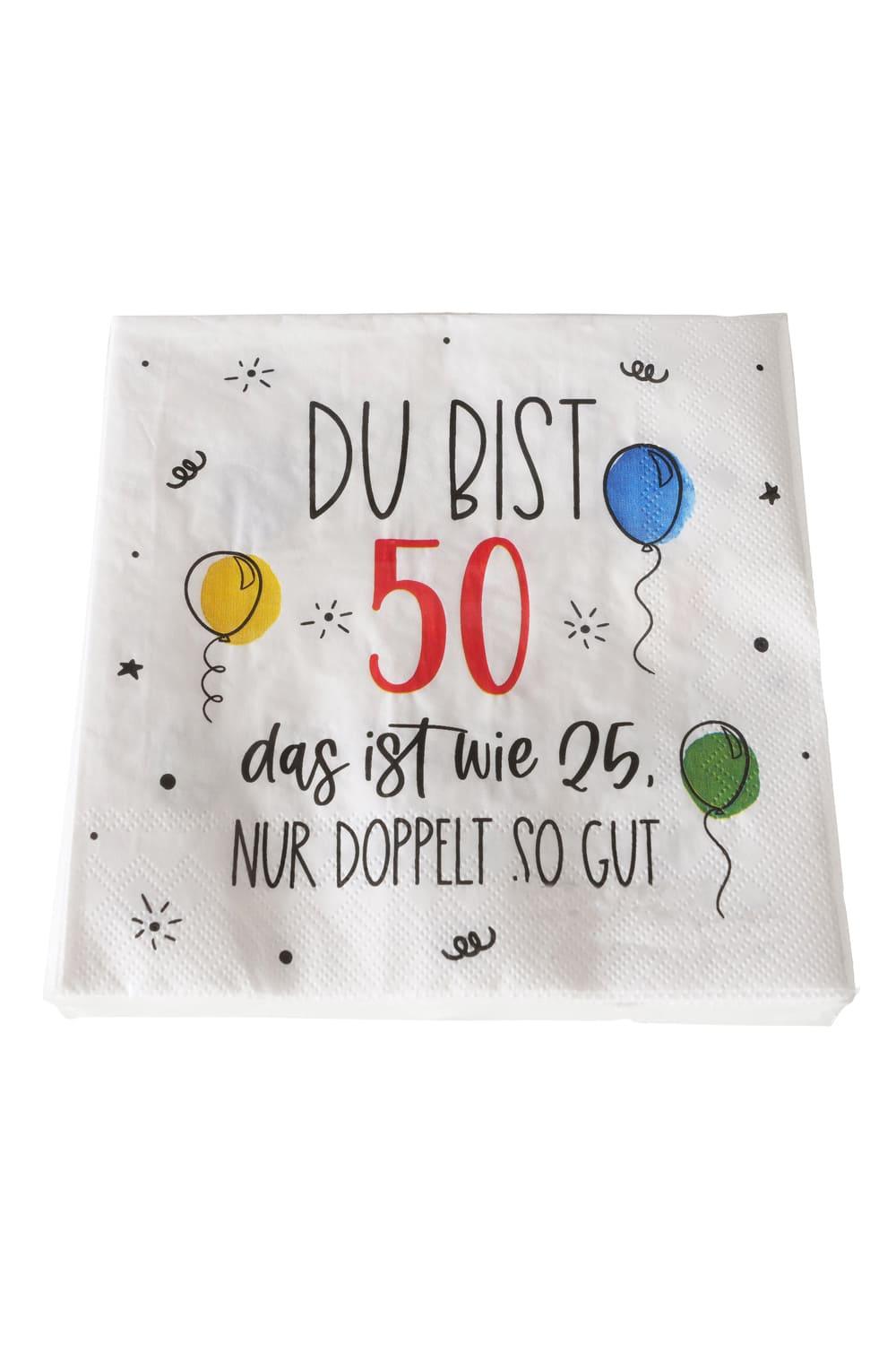 Diese Spruch Servietten sind perfekt als Geschenk oder Dekoration zum 50. Geburtstag. Die Servietten sind mit dem Spruch: Du bist 50, das ist wie 25. Nur doppelt so gut. Kreative Motivservietten fuer eine unvergessliche Feier. Eine Servietten Packung beinhaltet 20 Papierservietten.