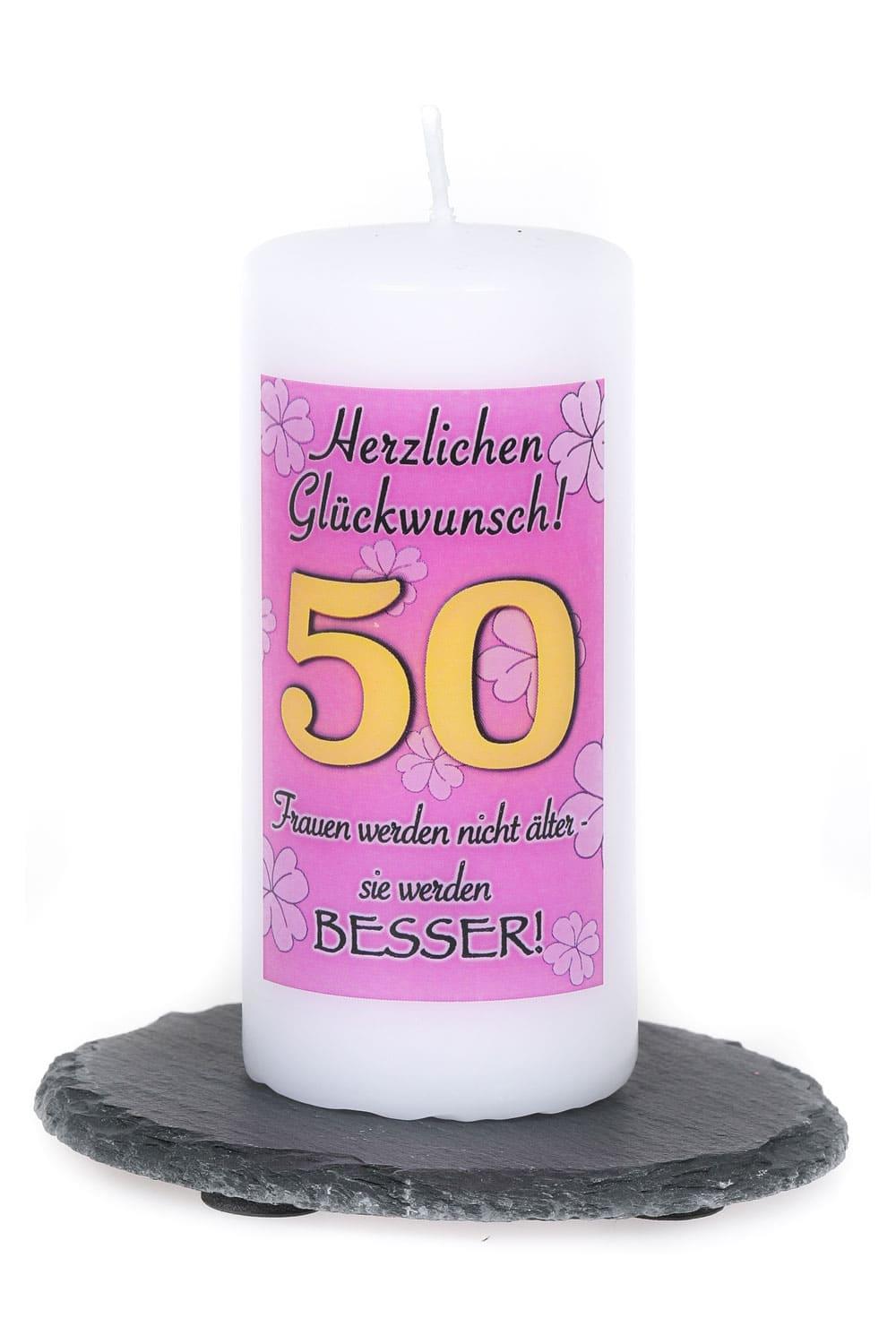 Der 50. Geburtstag ist ein wichtiges und spezielles Ereignis. Schliesslich wird man nur einmal im Leben 50 Jahre alt. Die Spruchkerze zum 50. Geburtstag ist eine schoene Geschenkidee. Auf der Kerze befindet sich die Zahl 50 und ein herrliches Gedicht. In der Farbe rosa und blau erhaeltlich.
