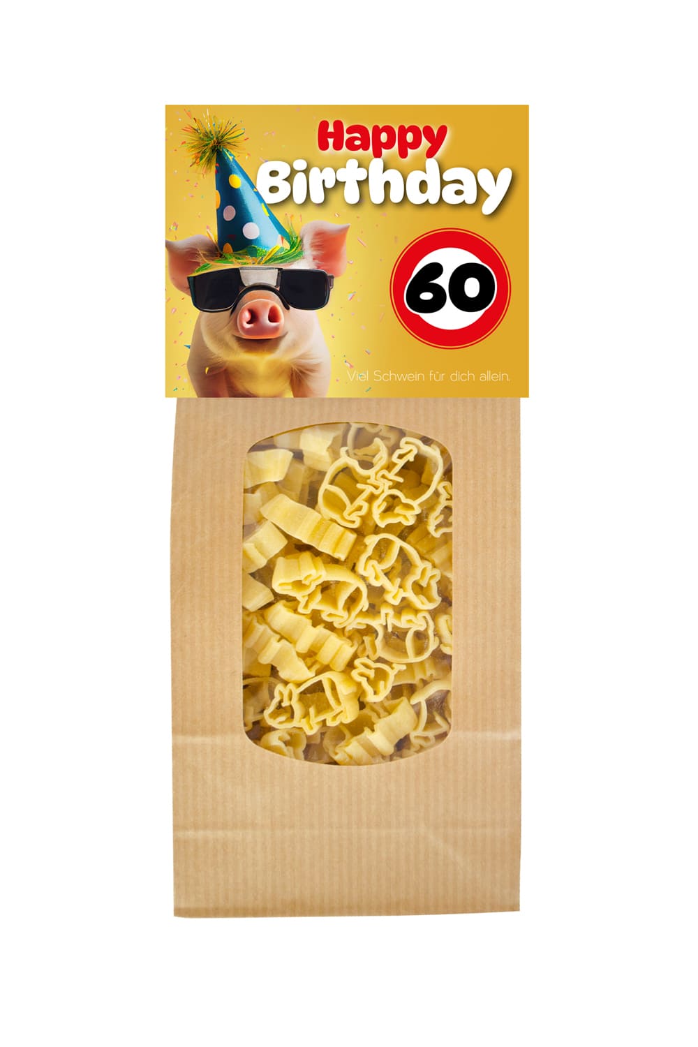 Die Pasta sind in Form von einem Gluecksschweinchen. Auf der Vorderseite steht der Spruch: 60 Happy Birthday. Viel Schwein fuer Dich allein. Geschenk zum 60. Geburi.