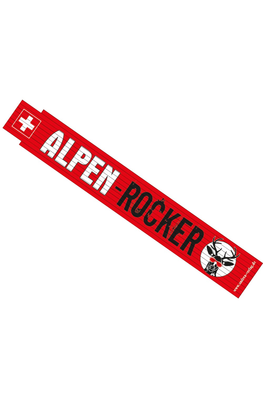 Lustiger Meter mit der Aufschrift: Alpen Rocker. Egal ob Handwerker oder Heimwerker. Der lustige und einzigartige Meter ist das perfekte Geschenk fuer Maenner und fuer Partyfreunde. Auf dem Meter ist ein cooler Hirsch mit Sonnenbrille abgebildet. Ein witziges Souvenir aus der Schweiz.