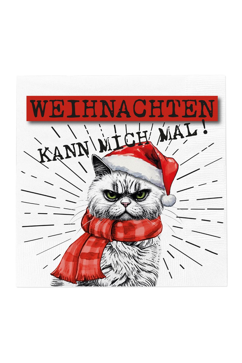 Die Anti Weihnachten Servietten machen das Weihnachtsfest zu einem lustigen Moment. Die Servietten mit der XMAS CAT und dem Spruch: Weihnachten kann mich mal!