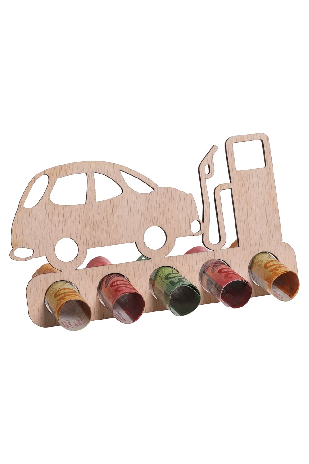 Der Autotank Holzaufsteller ist perfekt fuer ein Geldgeschenk oder Gutscheingeschenk. Einfach die Geldnoten rollen und durch die Loecher stecken. Ein originelles Geschenk aus Holz fuer Autofahrer, fuer eine bestandene Auto Fahrpruefung oder fuer Fahrlektionen, als Benzin Gutschein.
