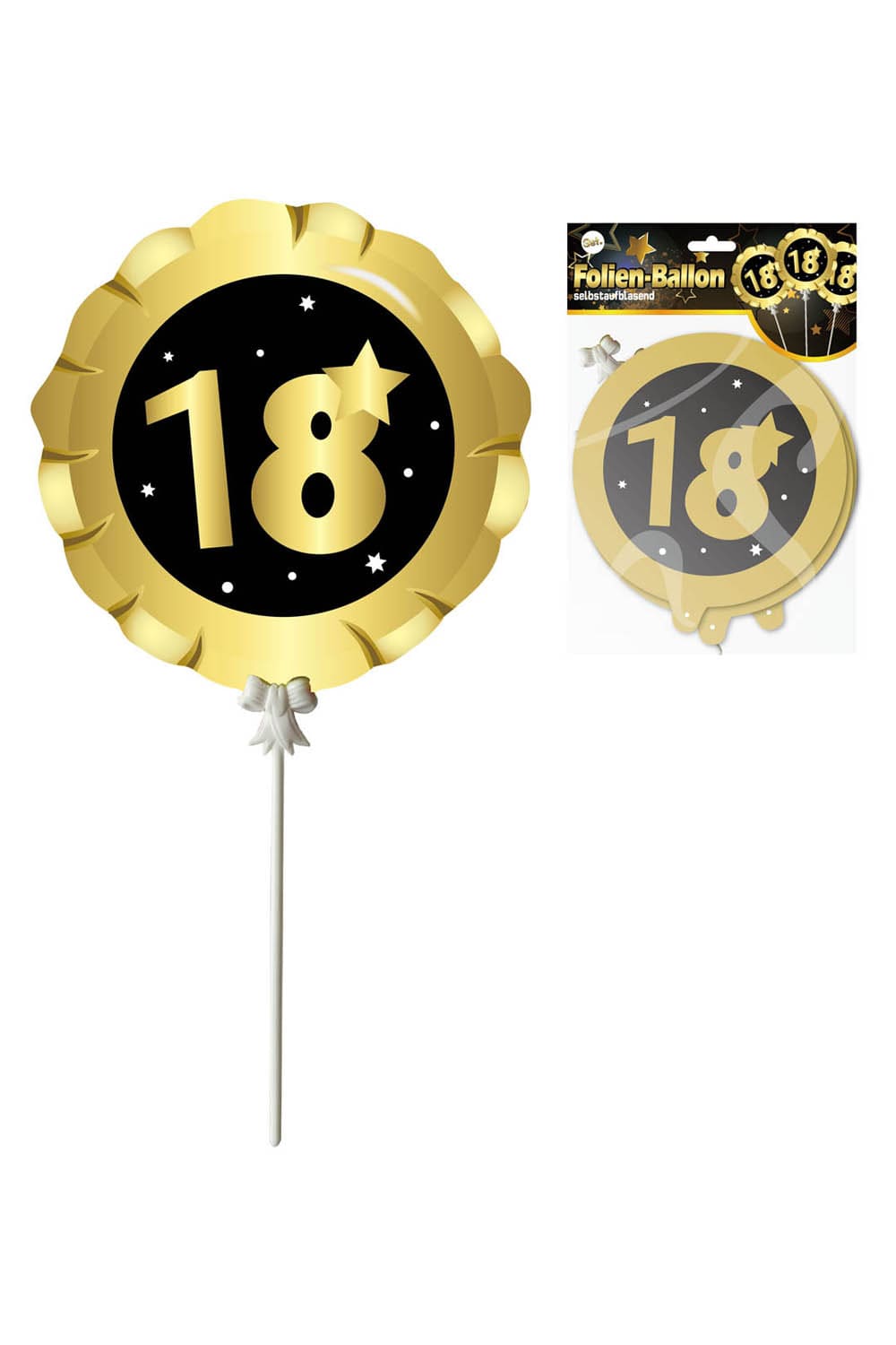 Ballon (3 Stk.) mit der Zahl 18, als perfekte Dekoration fuer einen 18. Geburtstag oder ein Jubilaeum. Folienballon ist selbstaufblasend.