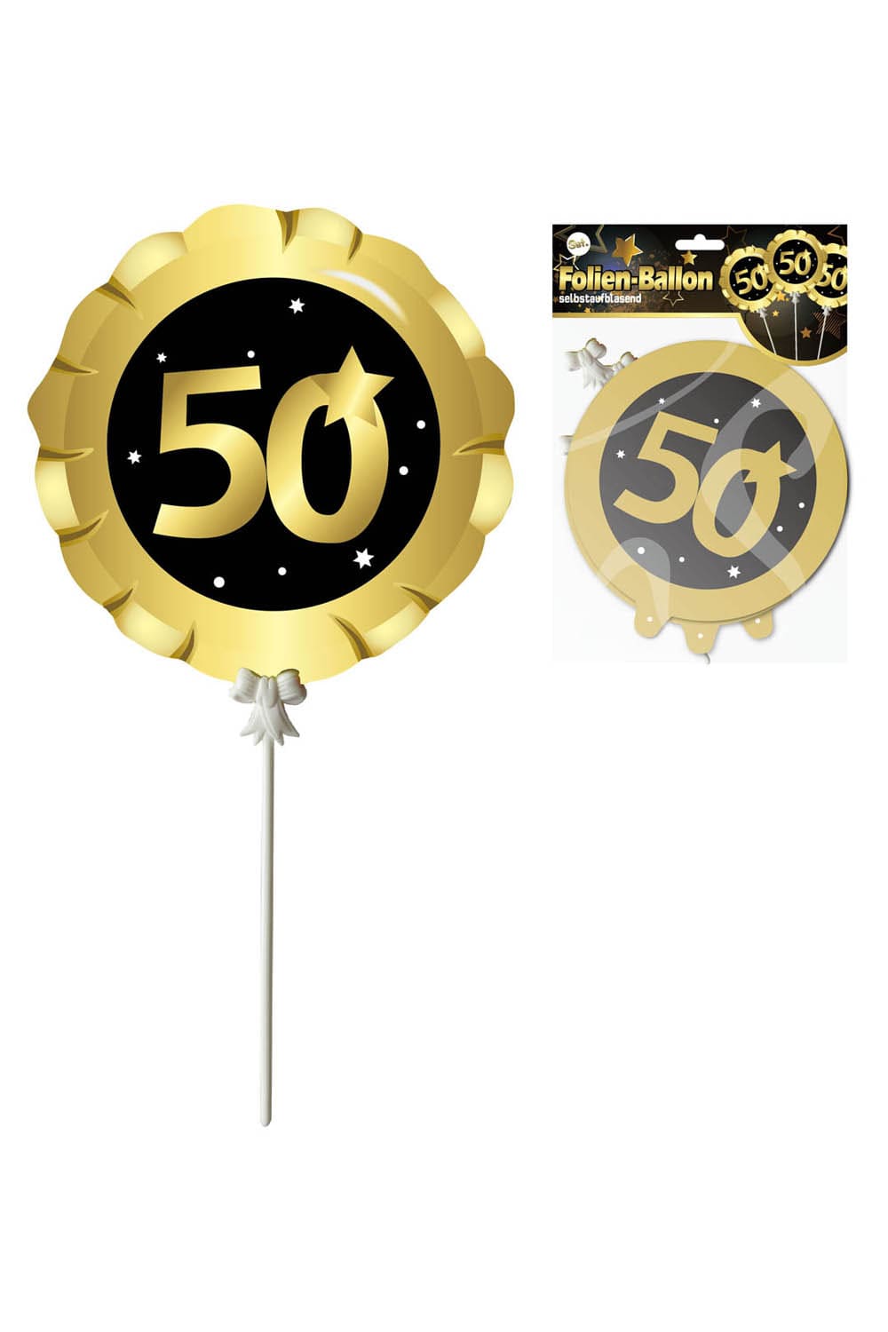 Ballon (3 Stk.) mit der Zahl 50, als perfekte Dekoration fuer einen 50. Geburtstag oder ein Jubilaeum. Folienballon ist selbstaufblasend.