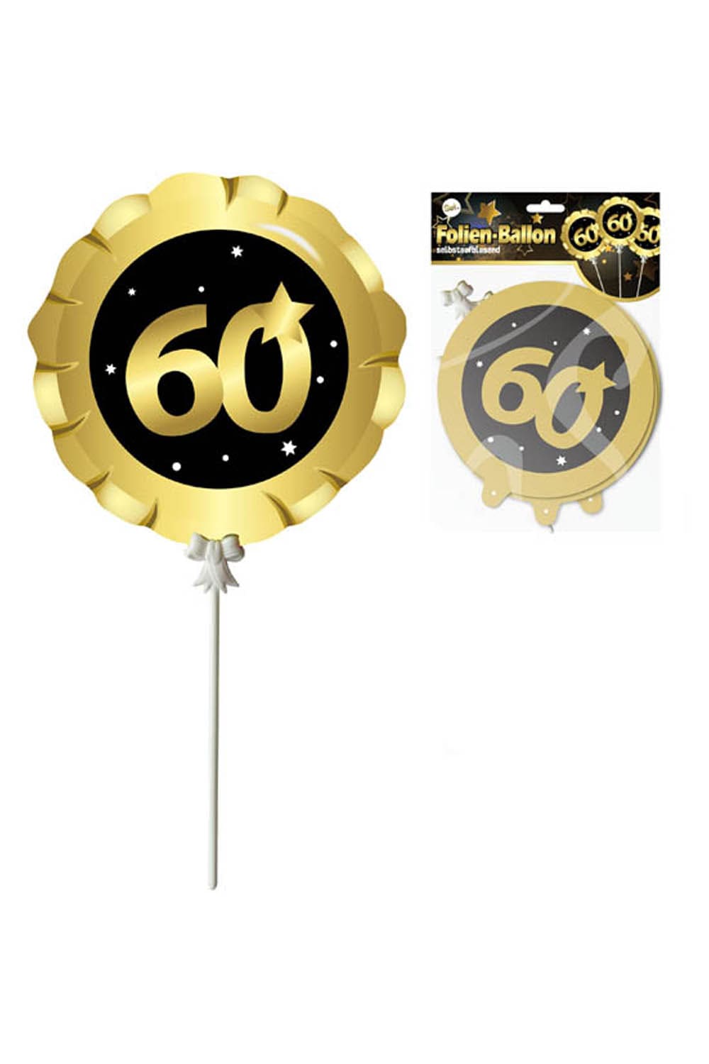Ballon (3 Stk.) mit der Zahl 60, als perfekte Dekoration fuer einen 60. Geburtstag oder ein Jubilaeum. Folienballon ist selbstaufblasend.