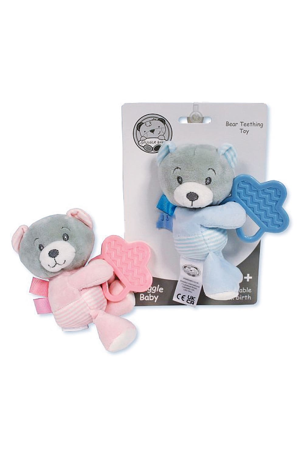 Der Plueschbaer dient auch als Beisshilfe fuer das zahnende Baby. Der Baer Beissring ist in der Farbe rosa und blau erhaeltlich. Ein suesses Geschenk.