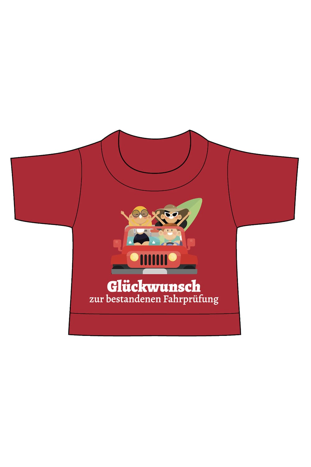Das Flaschenshirt fuer kreative Geschenkverpackungen! Das Mini-T-Shirt mit der Aufschrift: Glueckwunsch zur bestandenen Fahrpruefung. In der Farbe rot.