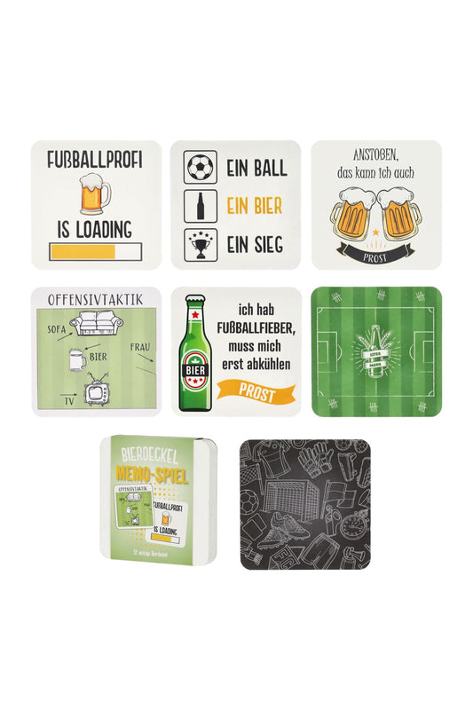 Das Set enthaelt 12 lustige Bierdeckel rund ums Thema Fussball.Witziges Memory Spiel in Form von Bierdeckeln. 6 unterschiedliche Deckel jeweils mit Spruch.