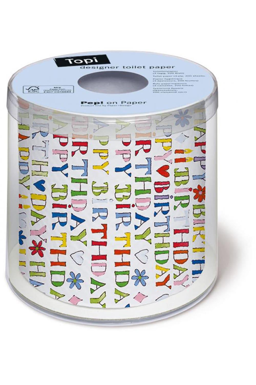Dieses lustige Toilettenpapier sorgt fuer die beste Unterhaltung auf dem Klo. Das Happy Birthday WC-Papier ist einfach ein absoluter Spassfaktor. Ein lustiges Geschenk zum Geburi. Das Klopapier kann selbstverstaendlich auch in ein lustiges Geldgeschenk verwandelt werden. Einfach ein kreatives Geburtstagsgeschenk.