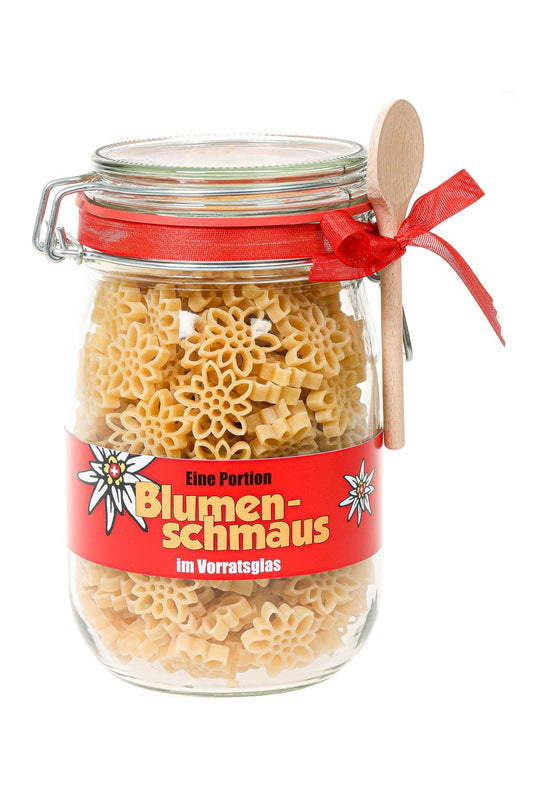 Das Pasta Geschenk im Glas, voller Blumen. Blumen schenken, mal anders! Ein ideales Pasta Geschenk mit der Spruch Etikette: Eine Portion Blumenschmaus im Vorratsglas.