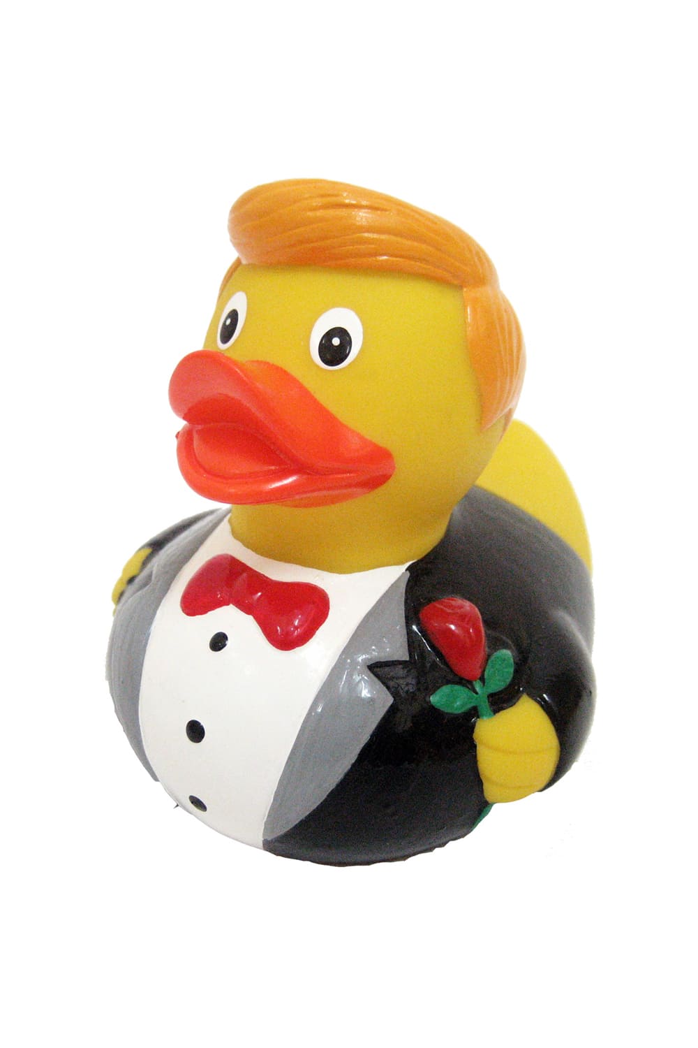 Diese Braeutigam Badeente traegt eine rote Rose bei sich. Die Badeente hat eine Standartgroesse von 8 cm. Ein witziges Geschenk zur Hochzeit! Auch ideal als Dekoration!