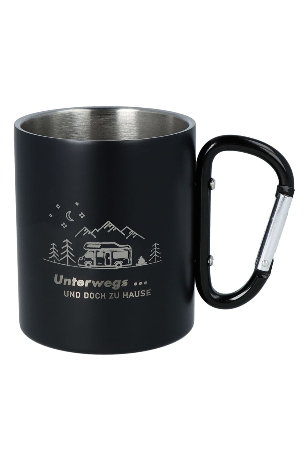 Die Camping Karabiner Tasse ist ein perfektes Geschenk fuer alle Camper. Becher aus Edelstahl mit Wohnmobil Motiv und dem Spruch: Unterwegs...und doch Zu Hause.