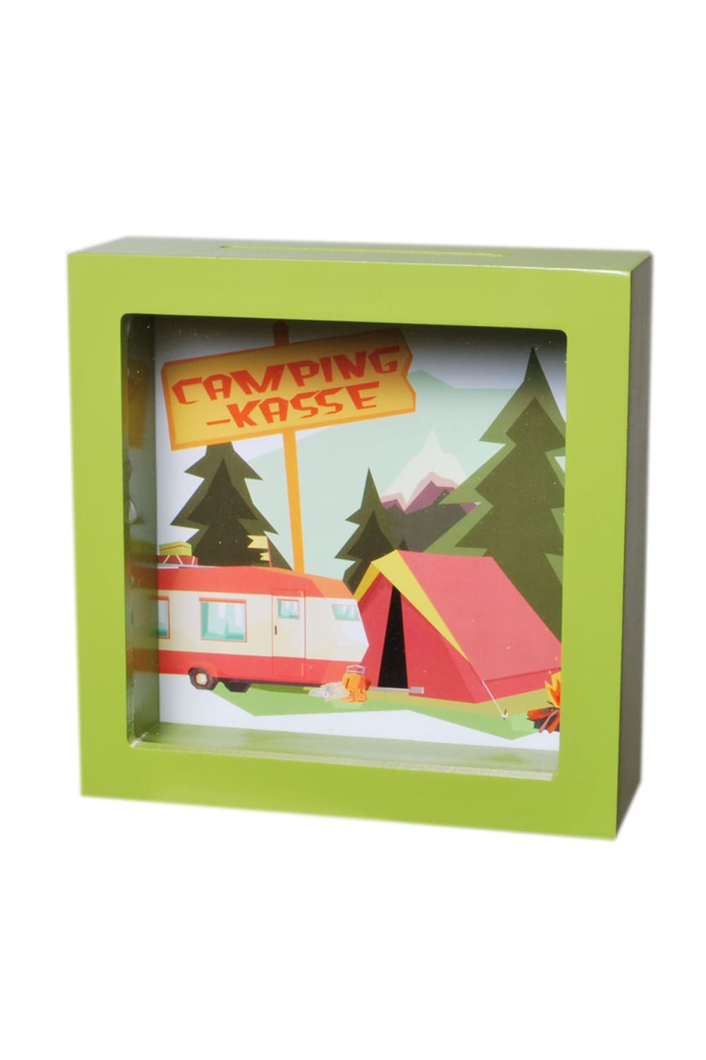 Praktisches und kreatives Geldgeschenk fuer Camper! Die Camping-Kasse Spardose kann man aufhaengen oder hinstellen. Mit abnehmbarer Rueckwand.