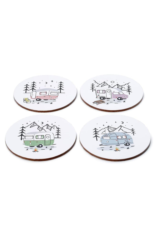 Untersetzer aus Kork im 4er-Set mit Wohnwagen und Wohnmobil Motiven. Mitbringsel fuer Menschen die mit dem Wohnmobil unterwegs sind und campen.