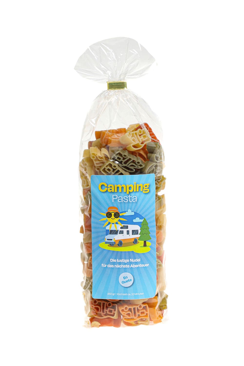 Pastasaeckli mit der Spruchetikette: Camping Pasta. Die lustige Nudel fuer das naechste Abenteuer. En Guete. Die Motiv Teigwaren sind in Wohnmobil Form!