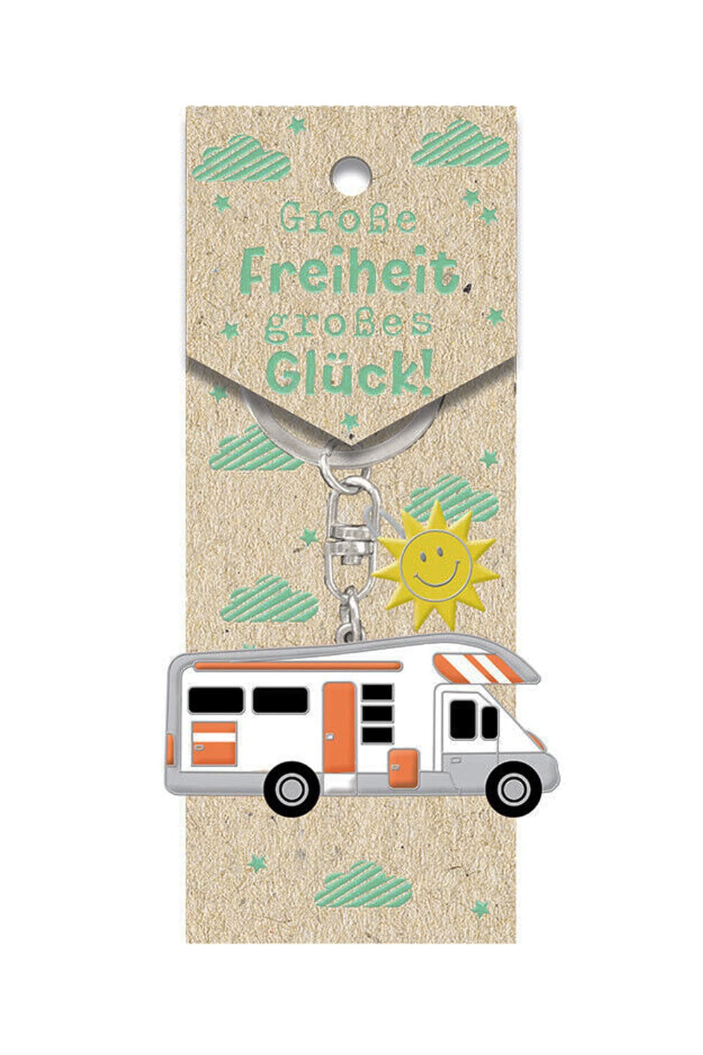 Grosse Freiheit, grosses Glueck! Camping Schluesselanhaenger mit Wohnmobil und Sonne. Dieser Schluesselanhaenger ist ein tolles Geschenk fuer jeden Camper!