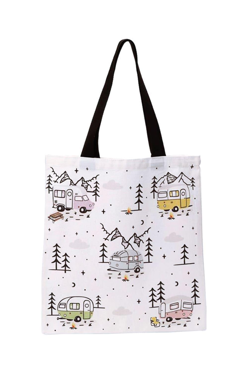 Diese Camping Stofftasche ist ein kreatives und praktisches Geschenk fuer Camper. Die originelle Tragtasche mit Wohnwagen und Wohnmobil Motiv.