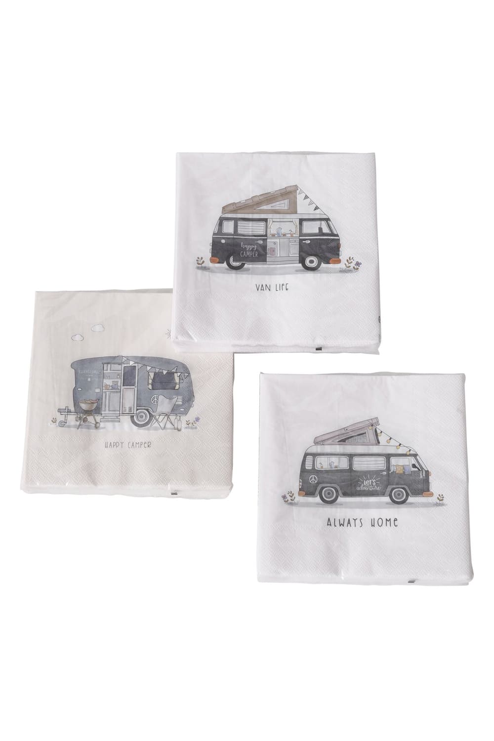 Geschenk fuer Camper. Die Servietten sind 3-lagig und biologisch abbaubar. 20 Stueck pro Packung. Die Camping Vanlife Spruchservietten sind im 3er-Set erhaeltlich.
