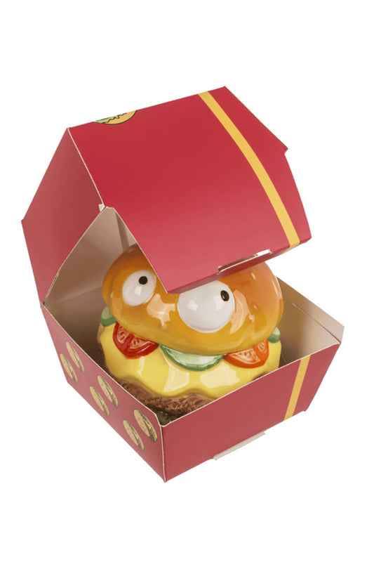 Cheesburger Spardose. Sparkaesseli in Burgerschachtel mit Augen.