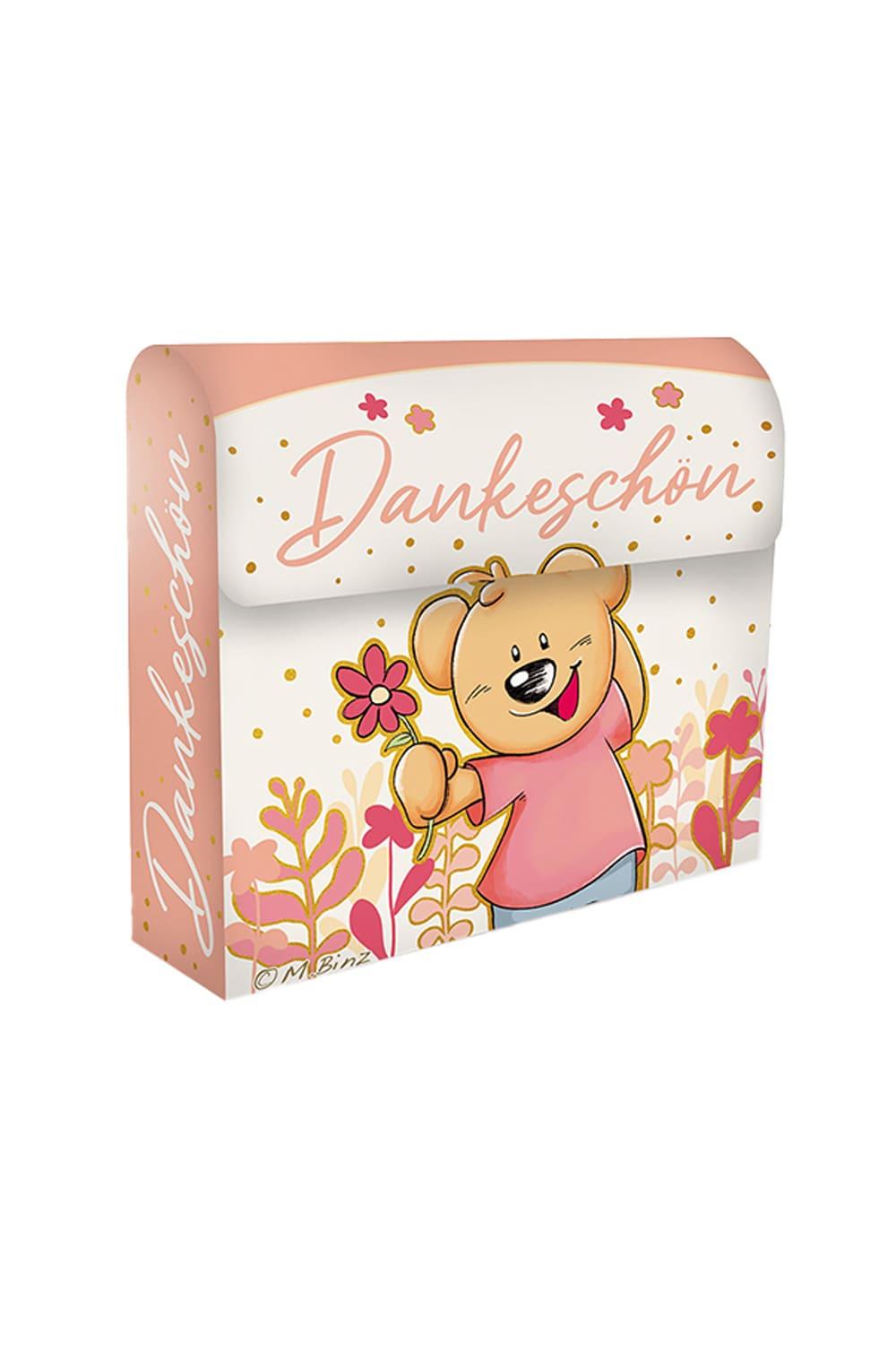 Die Gummibaerchen Naschbox ist perfekt als kleine Geste fuer zwischendurch. Die leckeren Frucht Gummibaeren in der Box mit der Aufschrift: Dankeschoen!