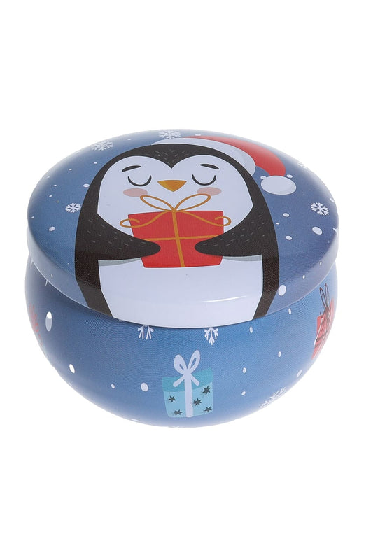 Duftkerze Weihnachten. Pinguin. Weihnachtskerze in der Weihnachtsdose.
