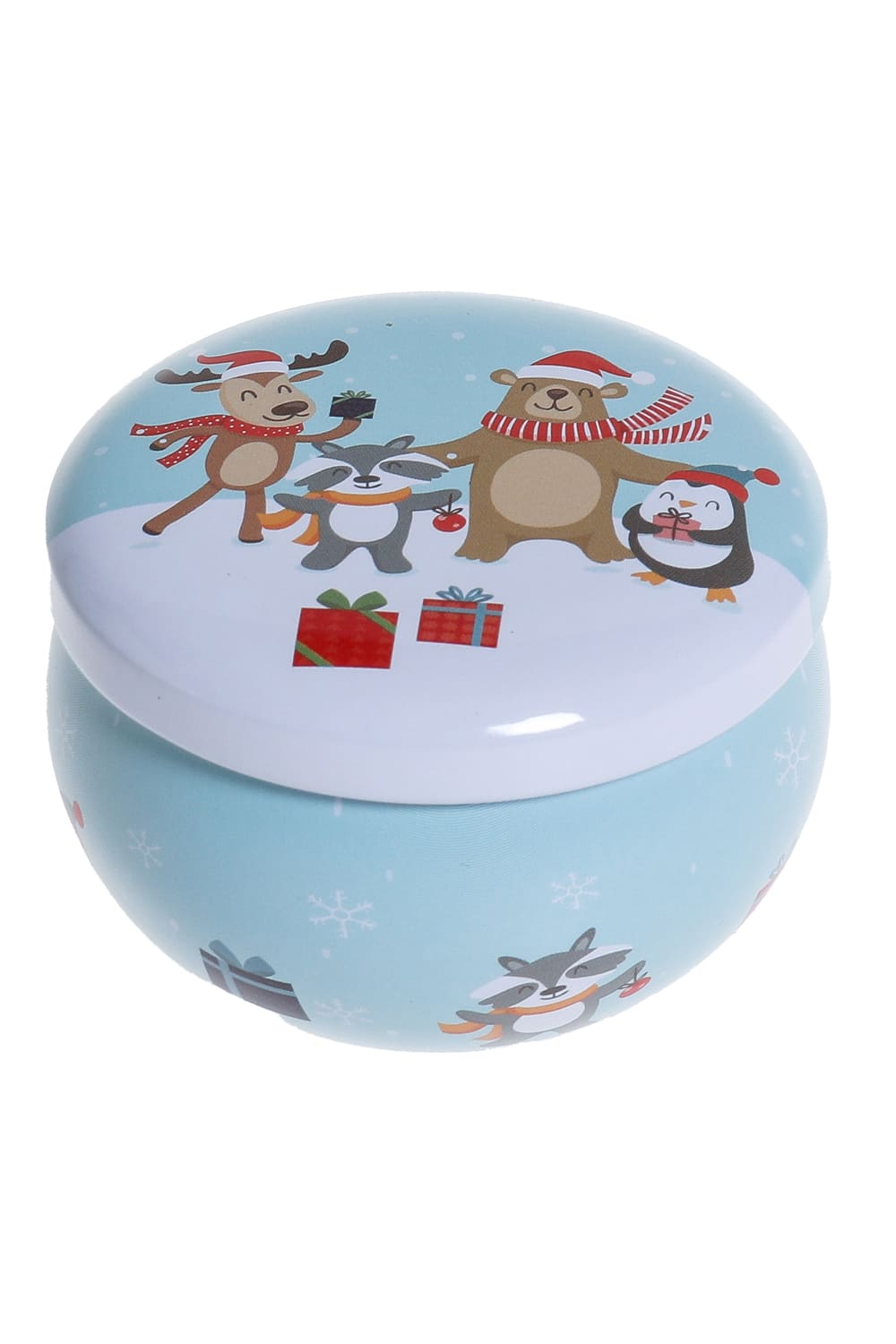Duftkerze Weihnachten. Tiere. Weihnachtskerze in der Weihnachtsdose.