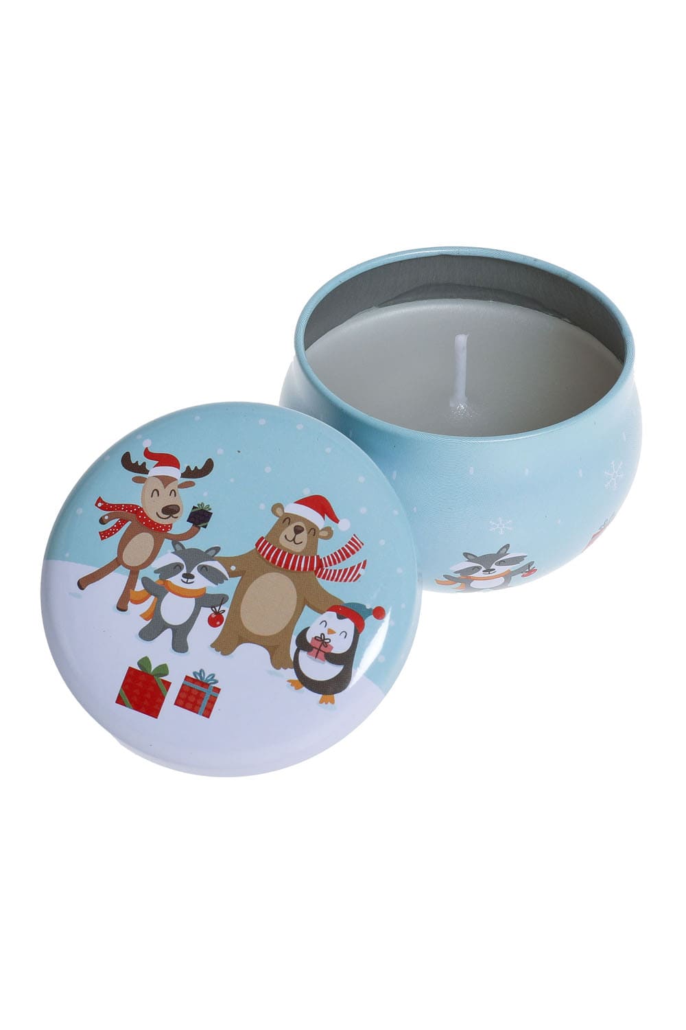 Duftkerze Weihnachten. Tiere. Weihnachtskerze in der Dose.