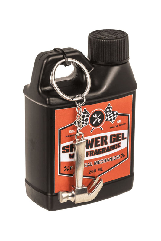 Witziges Duschgel in einer Flasche die aussieht wie ein Motorenöl Kanister! Duschgel (3 Stk.) inklusive drei diverse Anhänger in Form eines Werkzeuges: Hammer.