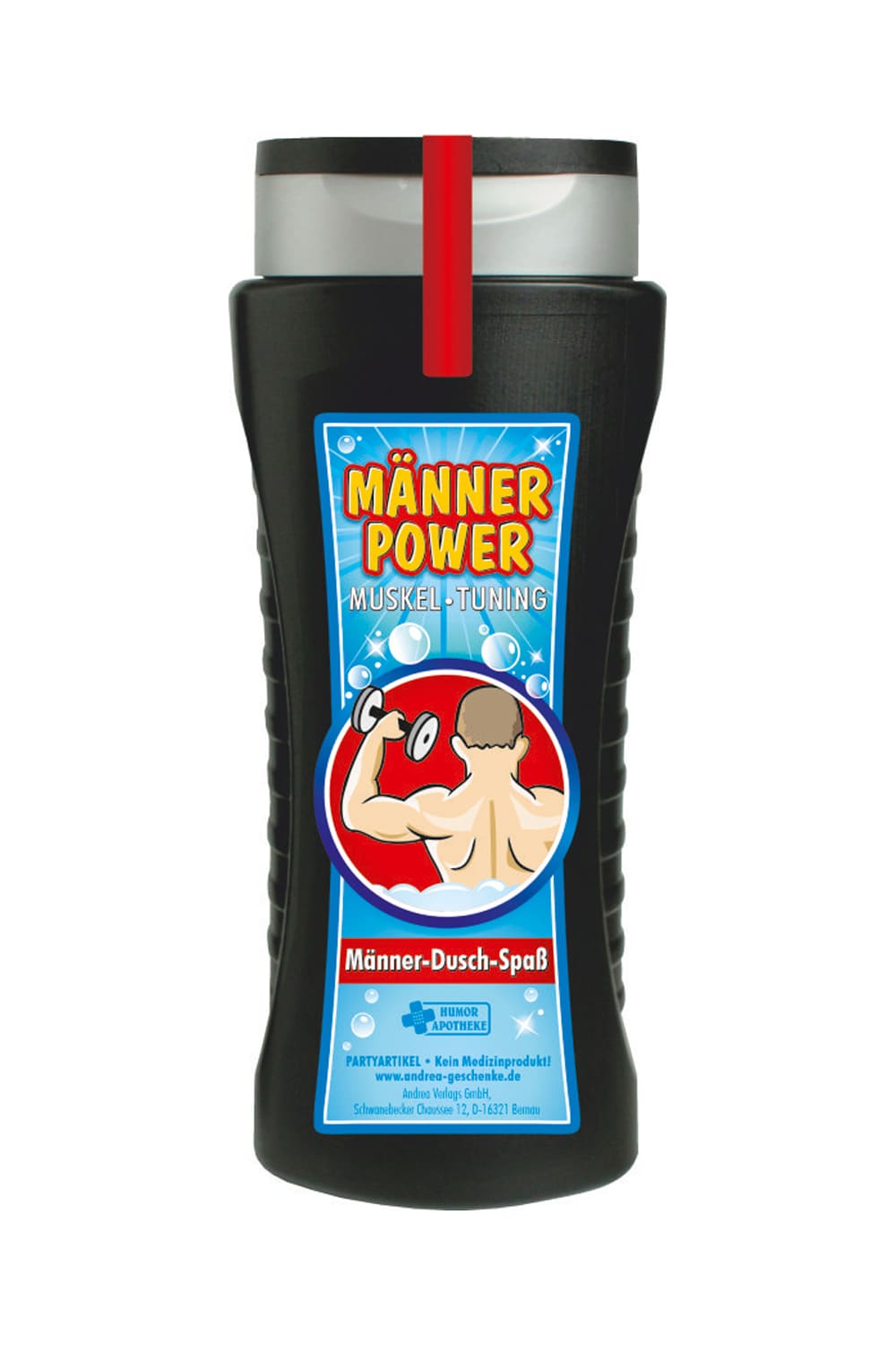 Tolles Duschgel, mit dem lustigem Bild und dem Spruch: Maennerpower. Muskel Tuning. Ein cooles Duschmittel Geschenk zum Geburtstag, zum Vatertag oder zu Weihnachten. Ein grossartiges Gag Geschenk zum Schmunzeln und fuer einen absoluten Duschspass fuer den Mann.