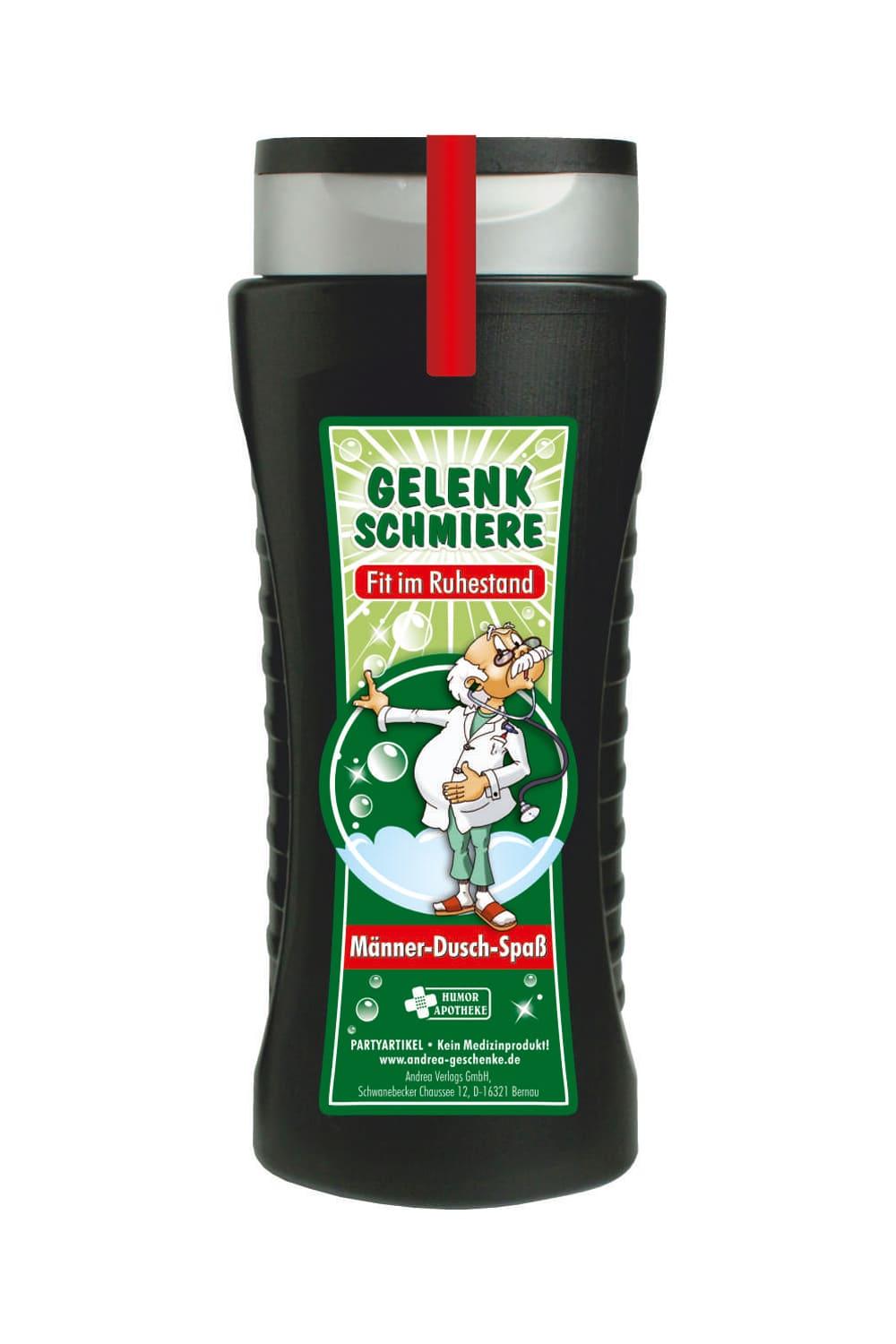 Das Duschmittel ist ein absoluter Duschspass fuer den Mann im Ruhestand. Duschgel mit dem Spruch: Gelenkschmiere. Fit im Ruhestand. Maenner Dusch-Spass.