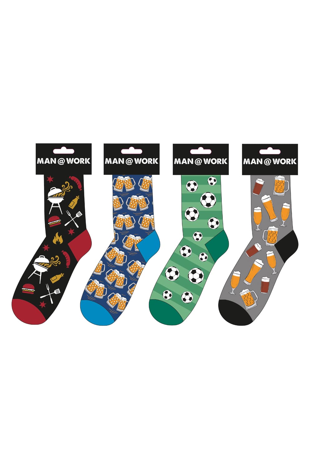 Witzige Spasssocken fuer echte Maenner! Diese Socken sind ein grossartiges Geschenk. Die Motivsocken sind in der Groesse 42-46. Grill, Bierkruege, Bierglaeser und Fusball.
