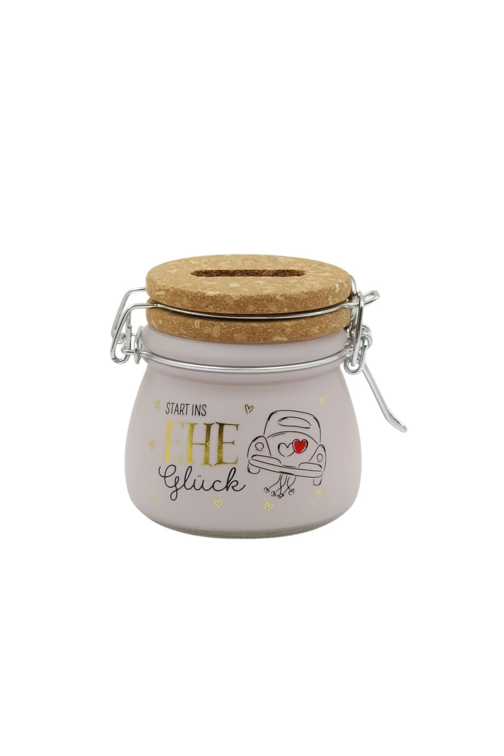 Die kleine Spardose zur Hochzeit ist aus Glas und Kork sowie mit Vorhaengeschloss und Schluessel. Auf dem Mini Sparglas steht die Aufschrift: Start ins Eheglueck!