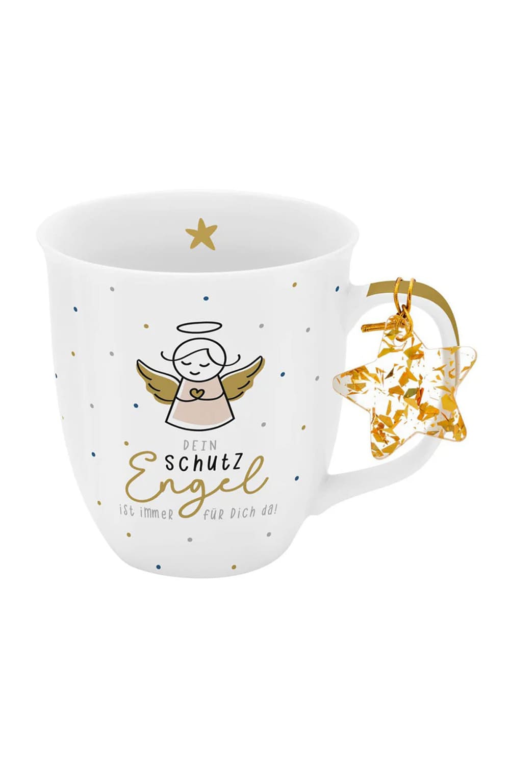 Die Engel Tasse mit herzigem Druck: Dein Schutzengel ist immer fuer Dich da. Zusaetzlich ist ein durchsichtiger Acrylstern mit Goldpartikeln am Mug Henkel befestigt.