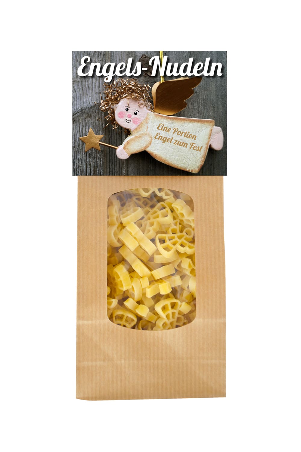 Die Pasta sind in Engelform. Auf der Verpackung steht der Spruch: Eine Portion Engel zum Fest. Die Engels-Nudeln als Geschenk zu Weihnachten.