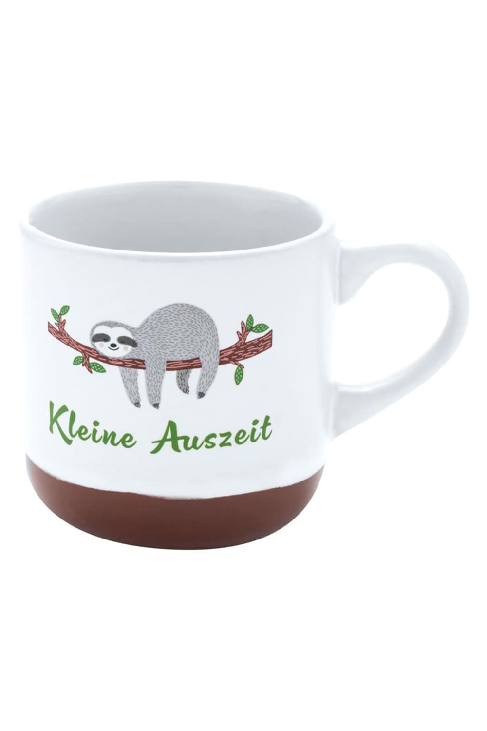 Espressotasse mit der Aufschrift: Kleine Auszeit. Die Keramik Spruchtasse ist mit einem Faultier bedruckt. Herziges Geschenk fuer Alle, die Espresso trinken.