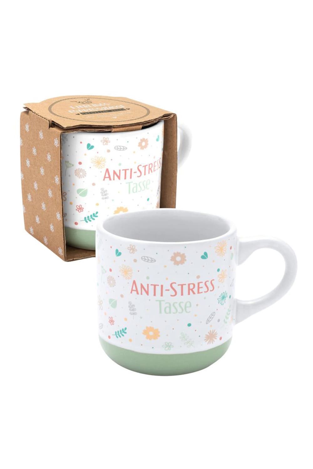 Espressotasse mit der Aufschrift: Anti-Stress Tasse. Die Keramik Spruchtasse ist mit einem Blumenmotiv bedruckt. Herziges Geschenk fuer Alle, die Espresso trinken. Verpackt in Banderole.