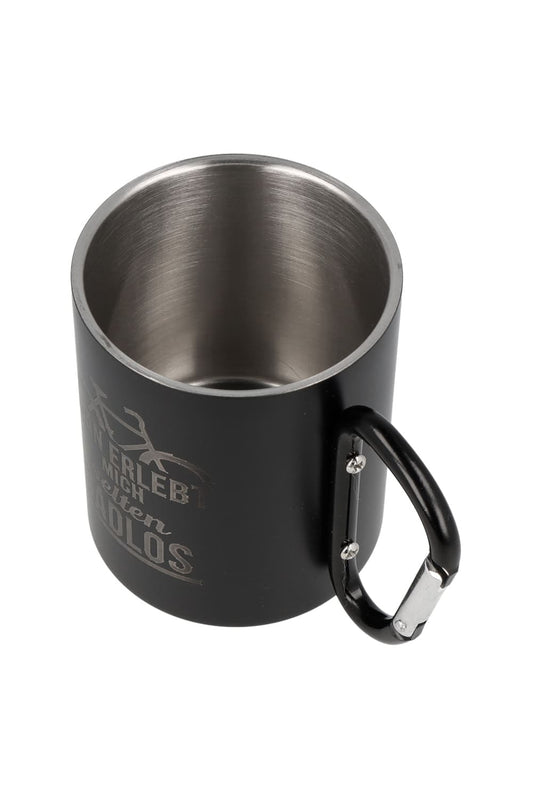 Die Fahrrad Karabiner Tasse ist ein perfektes Geschenk fuer Velo Fans. Becher aus Edelstahl mit Velo Motiv und dem Spruch: Man erlebt mich selten radlos. Innenseite