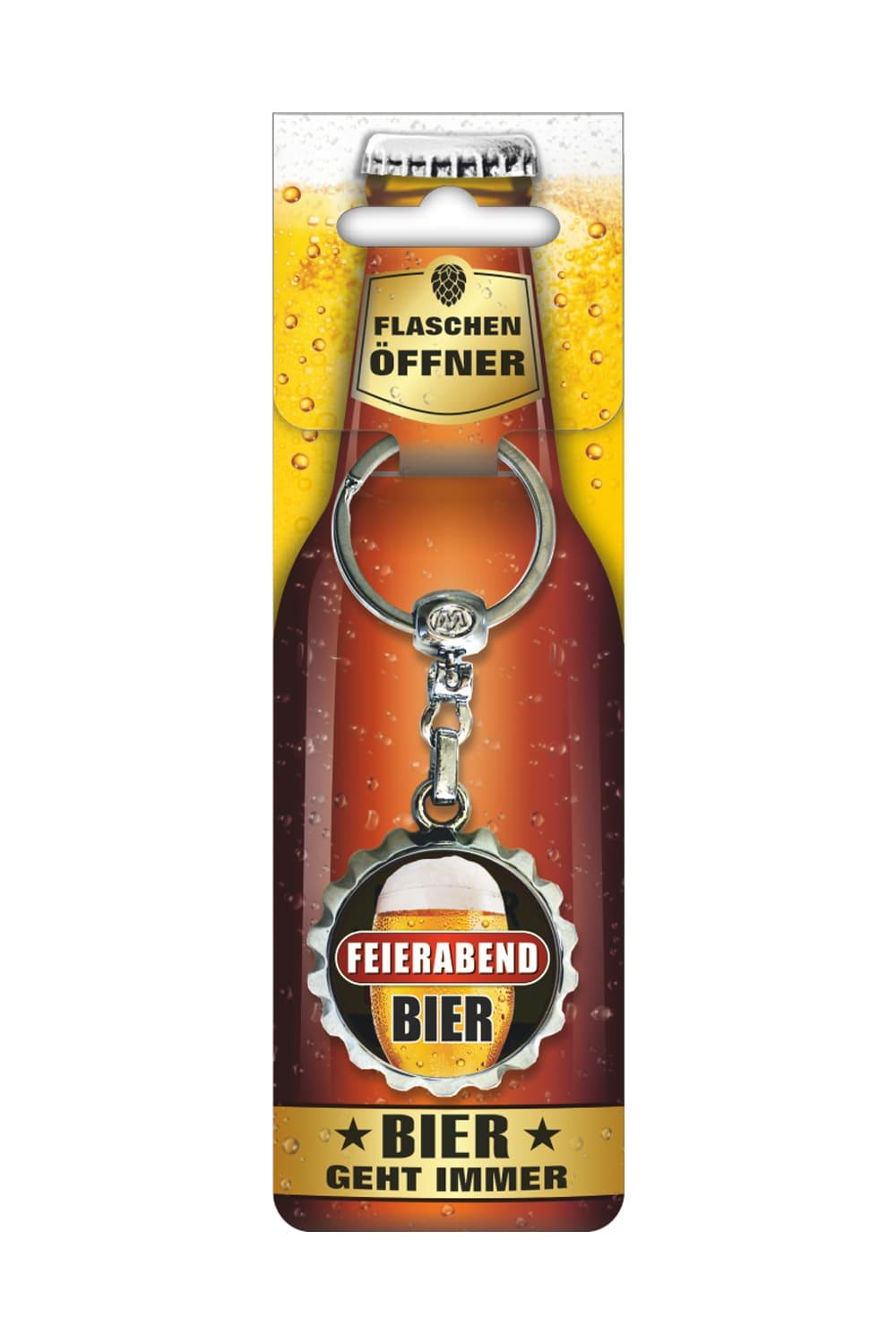 Dieser Bieroeffner ist zugleich auch ein Schluesselanhaenger. Cooler Bier Anhaenger mit dem Spruch: Feierabend Bier. Ein lustiges Geschenk fuer jeden Anlass.